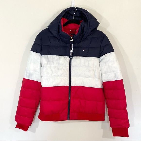 Tommy Hilfiger Color Block Navy Blue Red White Puffer Puffy Hoodie Short Coat - Picture 1 of 5